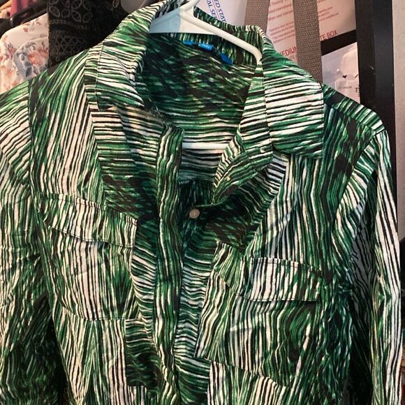 Like New Derek Lam Green White Black Woodgrain Cotton Button Down Shirt Dress - Picture 5 of 10